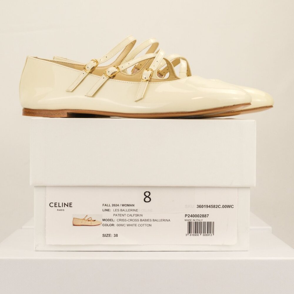 CELINE Criss-Cross Babies Ballerina Flats, Ivory Patent Leather - Picture 10 of 10